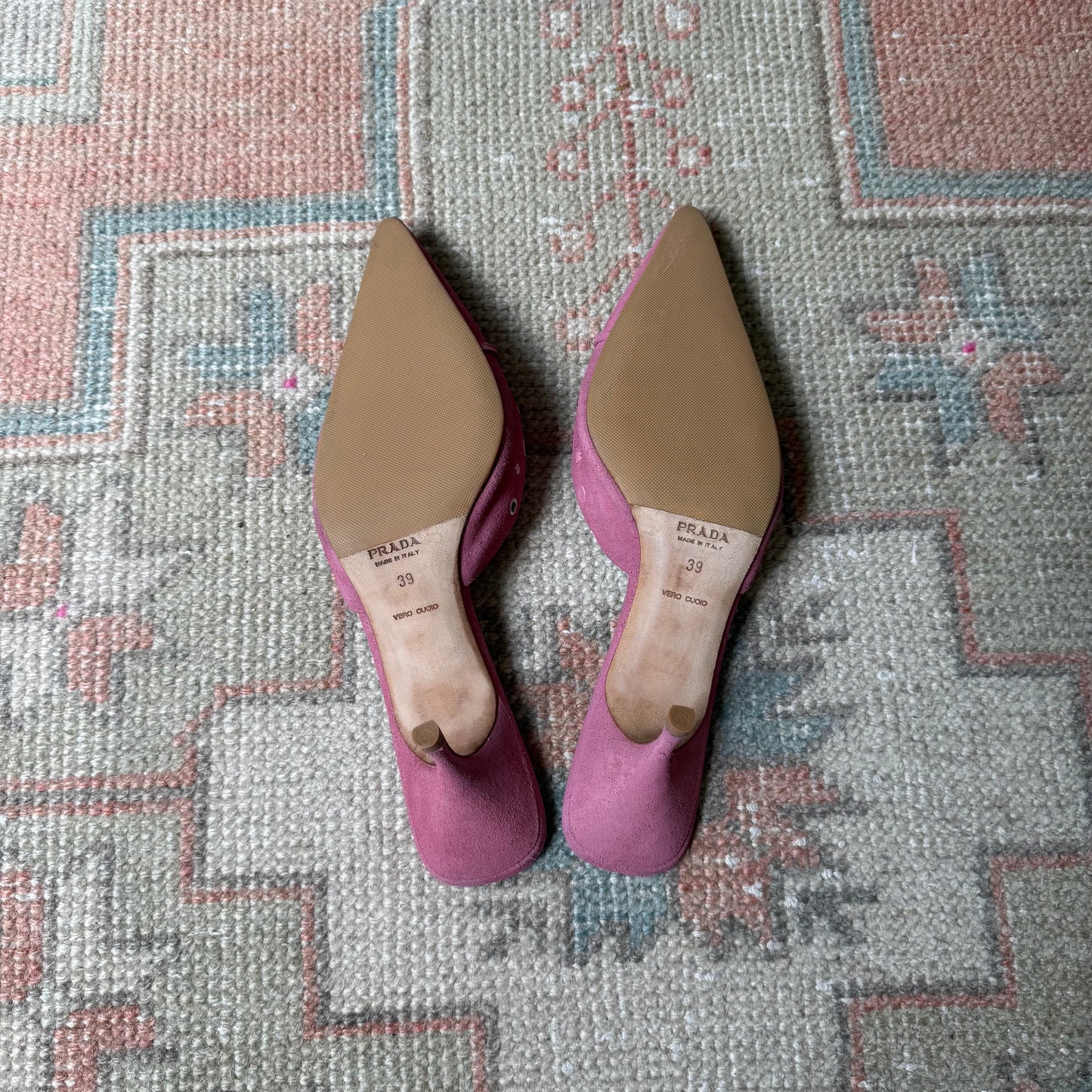 S/S2002 Prada Pink Suede Grommet Mules - US 8.5