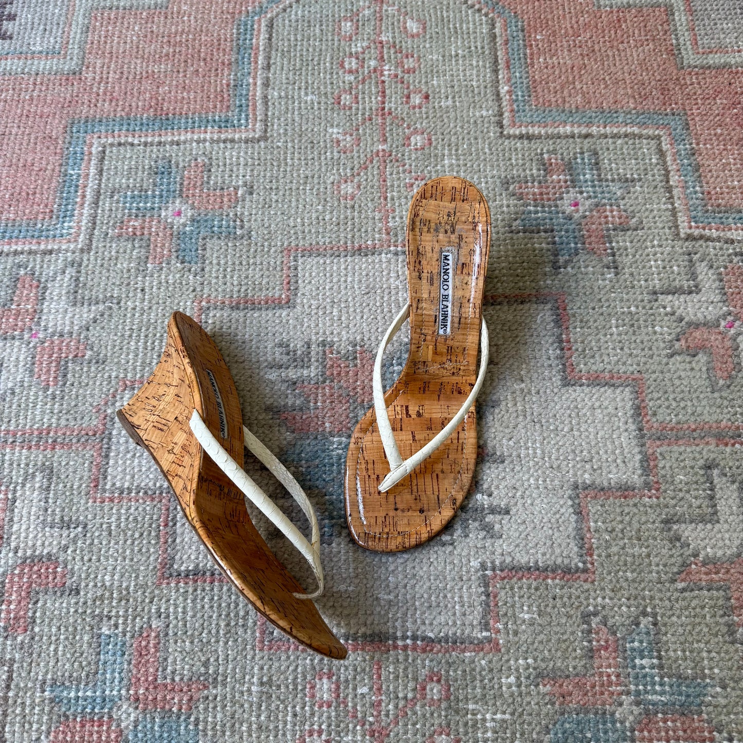 Manolo Blahnik White Watersnake Thong Wedge - US 8