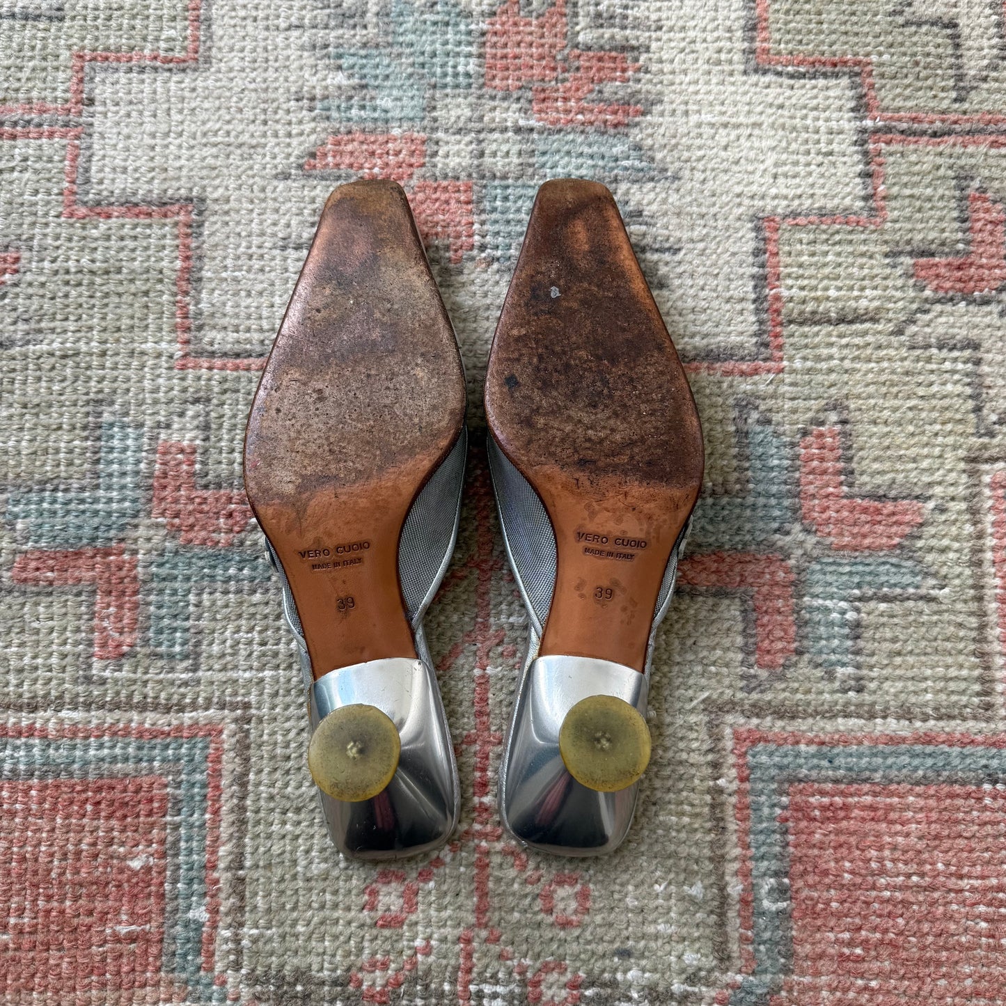 S/S1999 miu miu Silver Leather Floral Mules - US 8.5