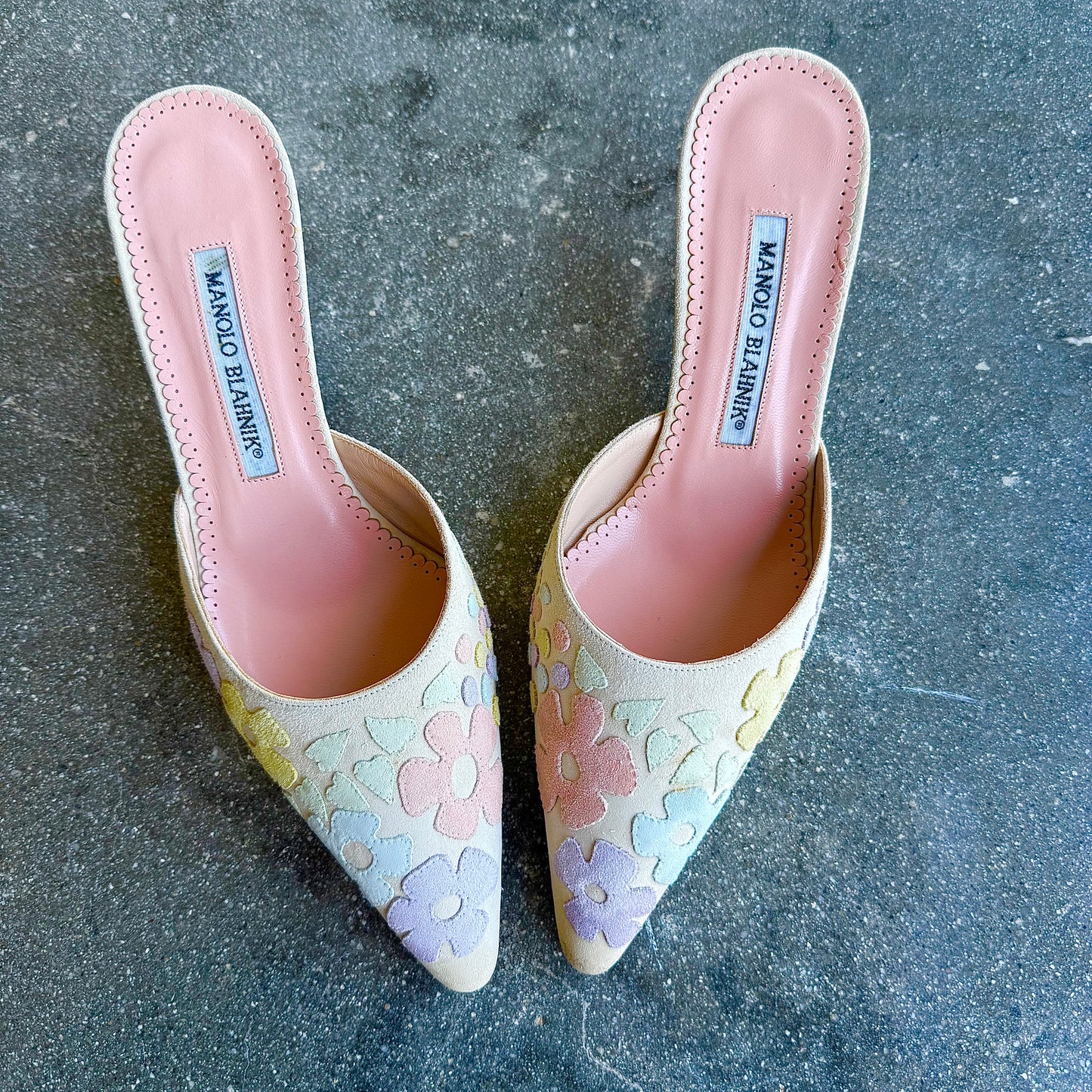 Suede Floral Patchwork Manolo Blahnik Mules - US 6.5