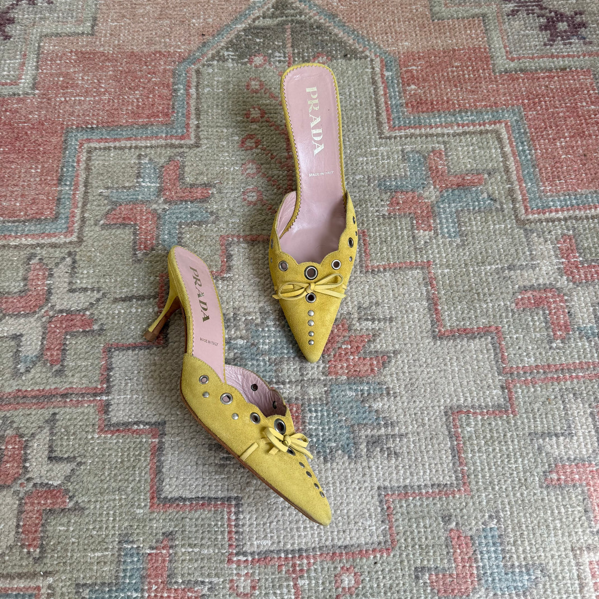 S/S2002 Prada Yellow Suede Grommet Mules - US 6.5