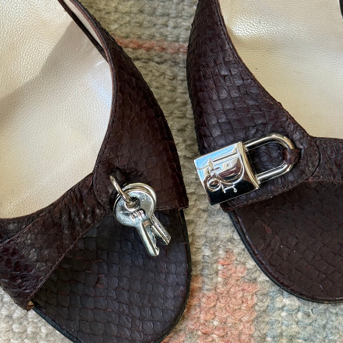 S/S2001 Galliano Dior Brown Lock + Key Mules - US 7.5