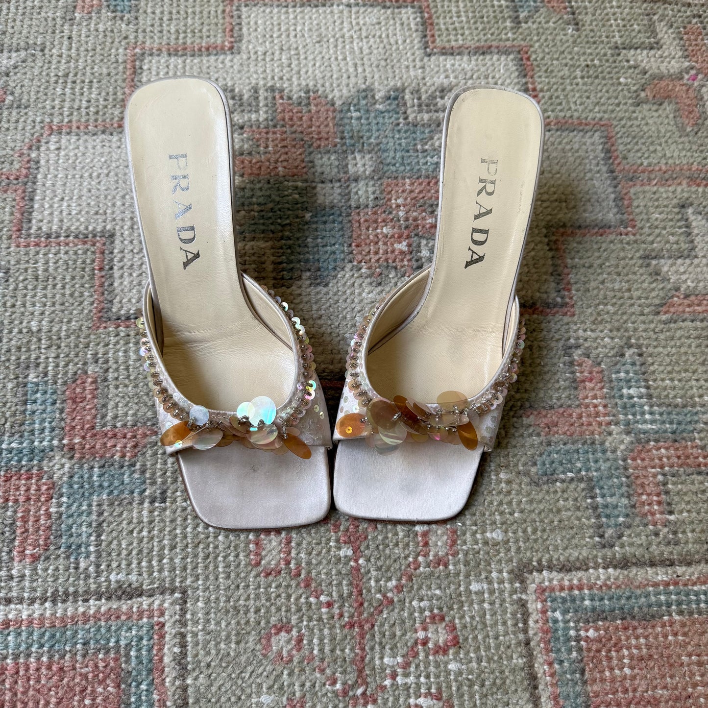 Spring 1999 Prada Silk Satin Sequin Mules - US 7.5