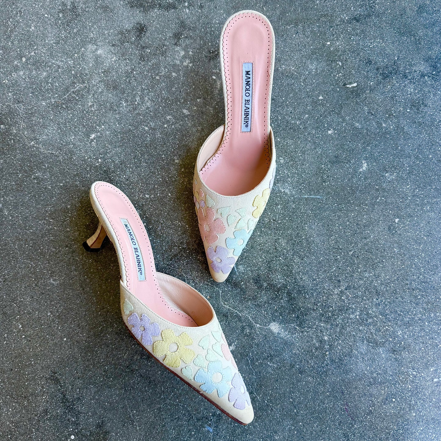 Suede Floral Patchwork Manolo Blahnik Mules - US 6.5