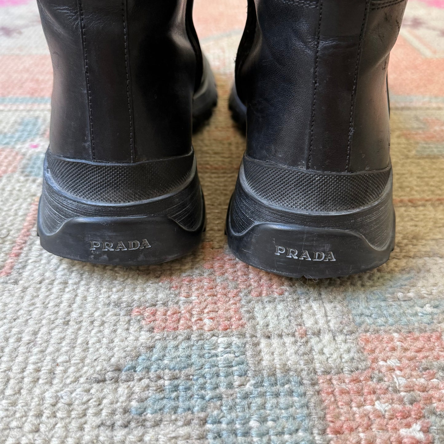 F/W2002 Prada Black Lug Sole Leather Boots - US 10.5
