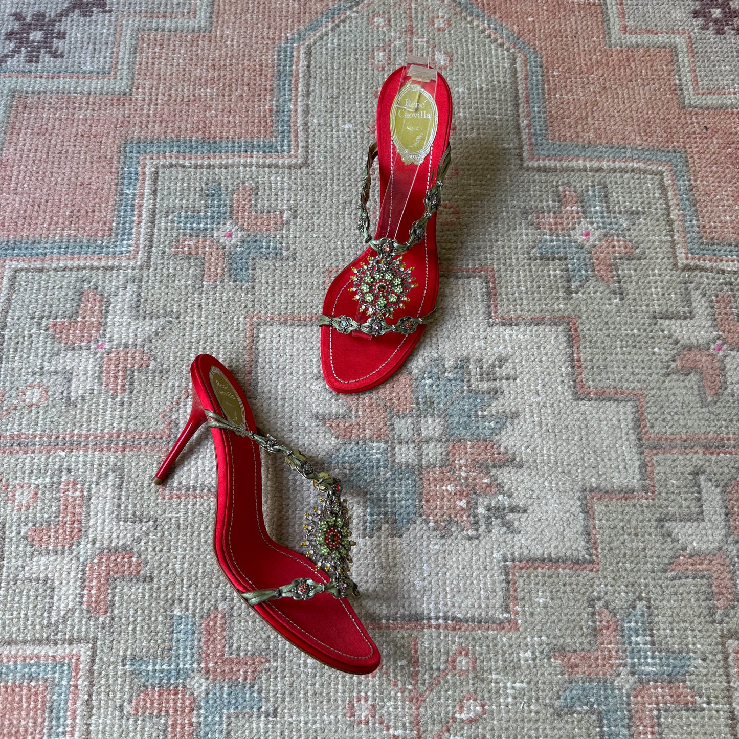 Y2K Red Silk Satin Jeweled René Caovilla Sandals - US 9