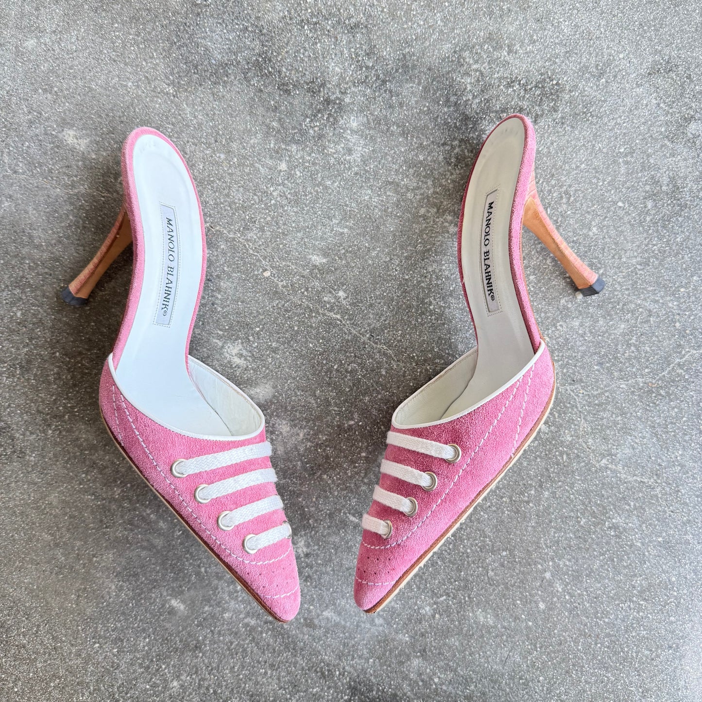 S/S2003 Pink Suede Manolo Blahnik Lace Up Mules - US 7.5
