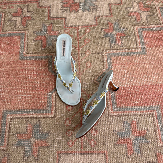 Y2K Baby Blue Manolo Blahnik Floral Thong Sandals - US 7.5