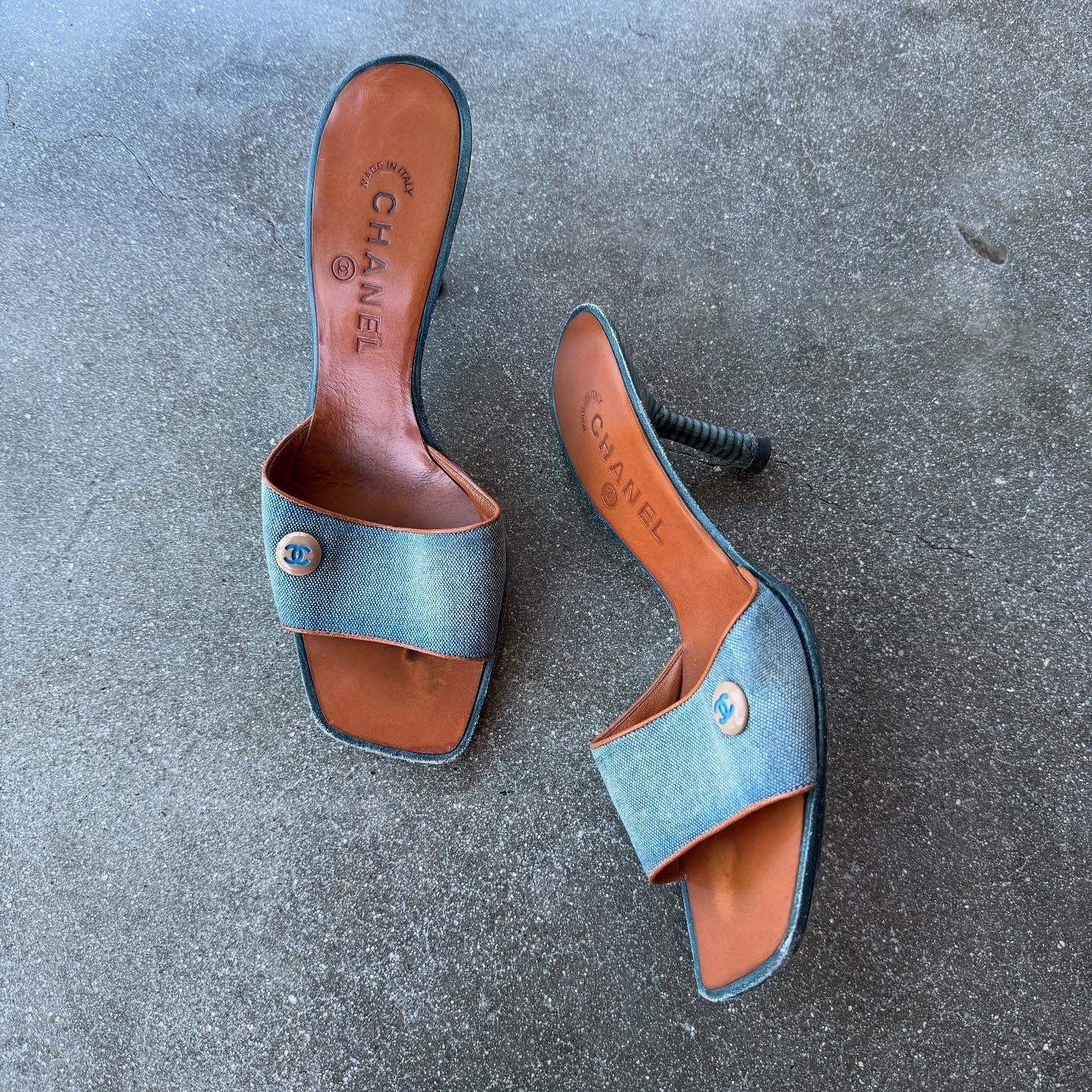 Early 00s Chanel Blue Canvas & Leather Mules - US 8