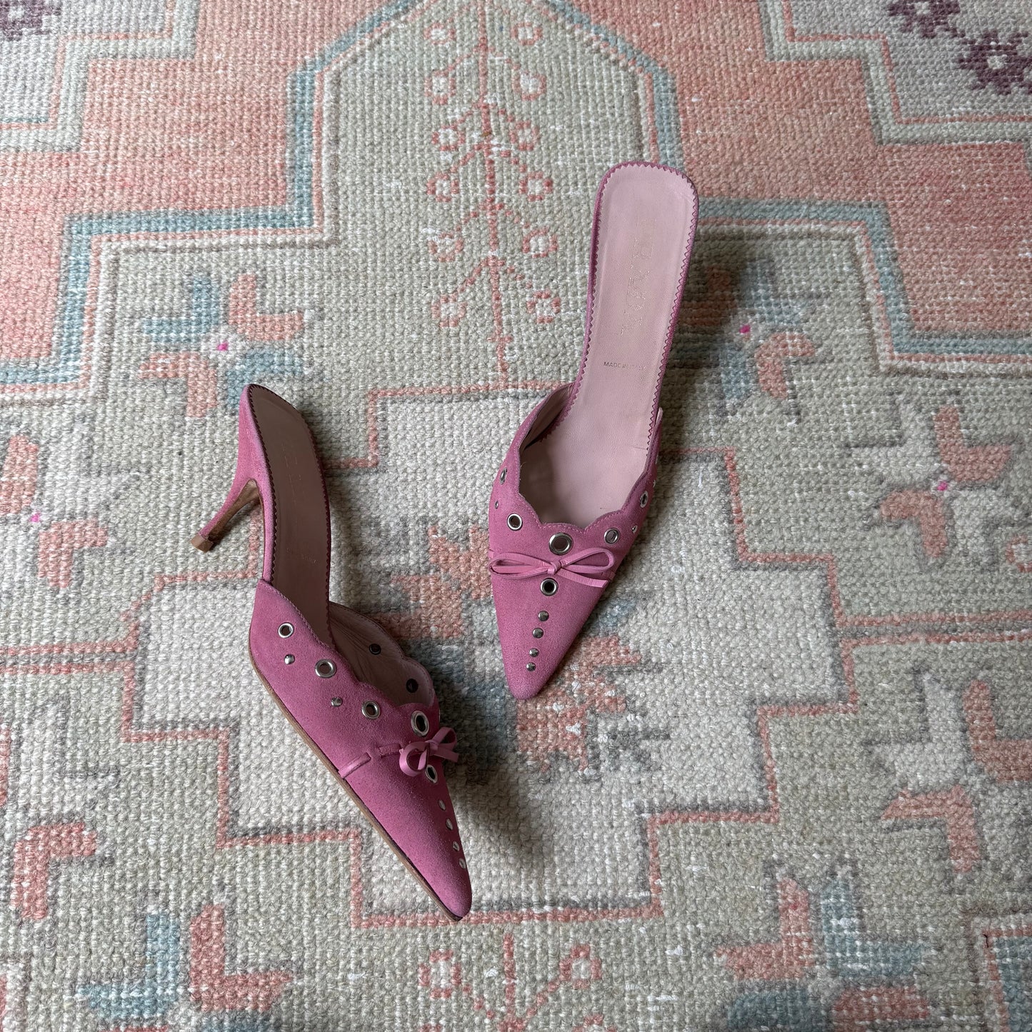 S/S2002 Prada Pink Suede Grommet Mules - US 8.5