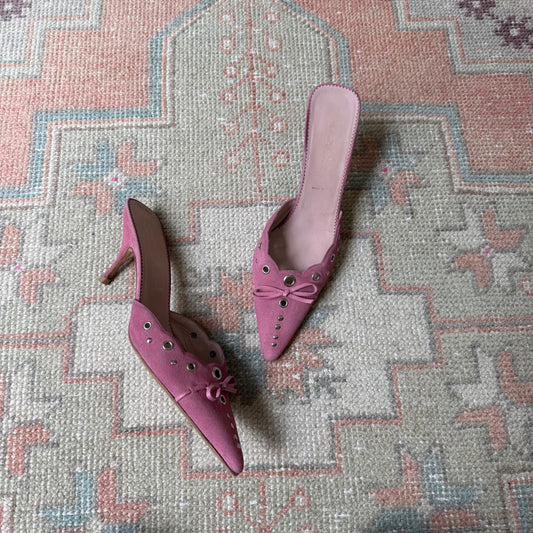 S/S2002 Prada Pink Suede Grommet Mules - US 8.5