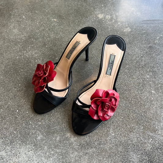 Prada Black Leather Rose Sandals - US 6.5