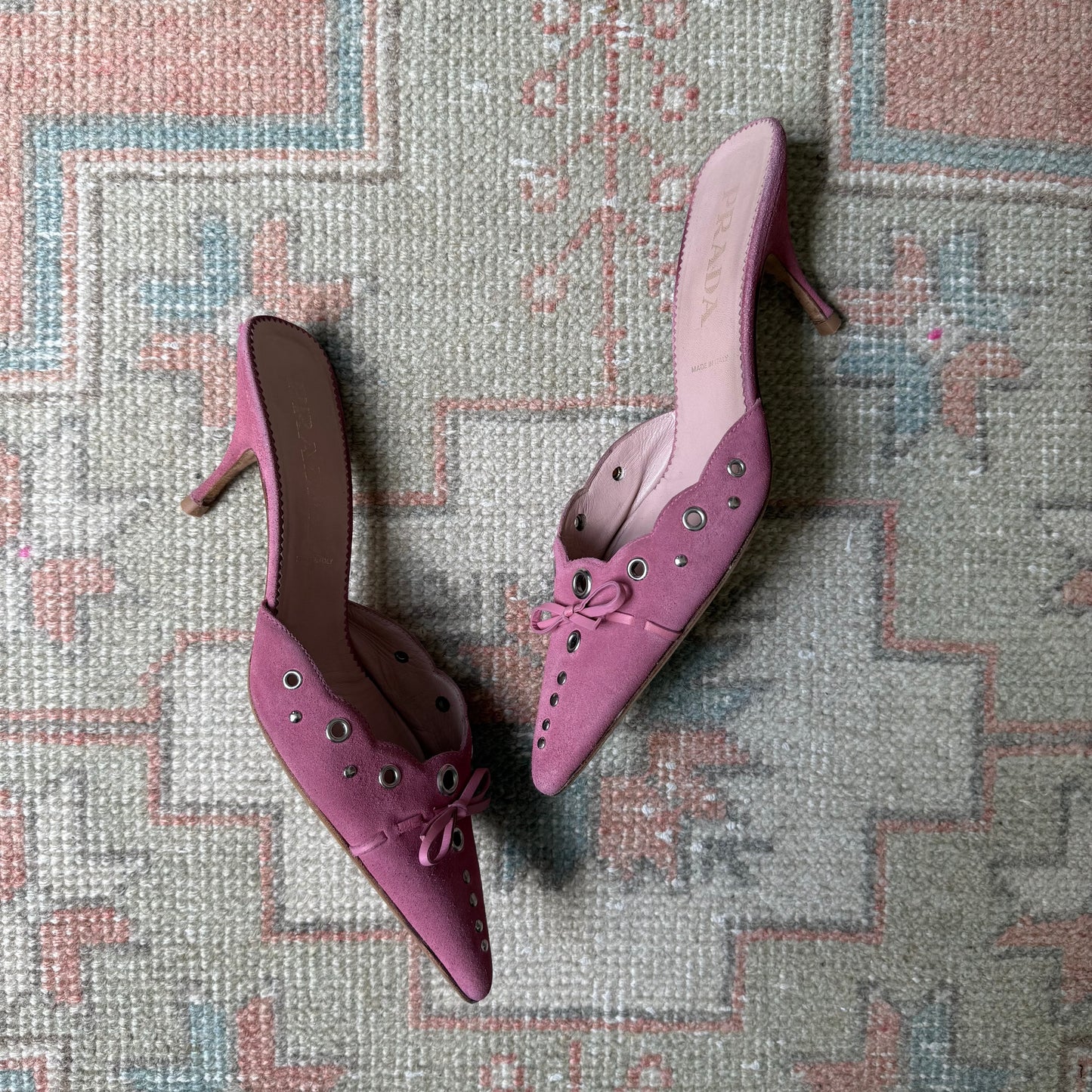 S/S2002 Prada Pink Suede Grommet Mules - US 8.5