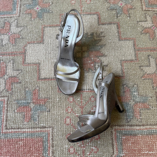 S/S1998 Prada Silver Satin Slingback Wedges - US 7