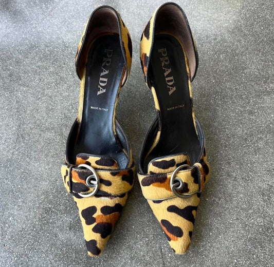 00s Prada Pony Hair Leopard Heels - US 8