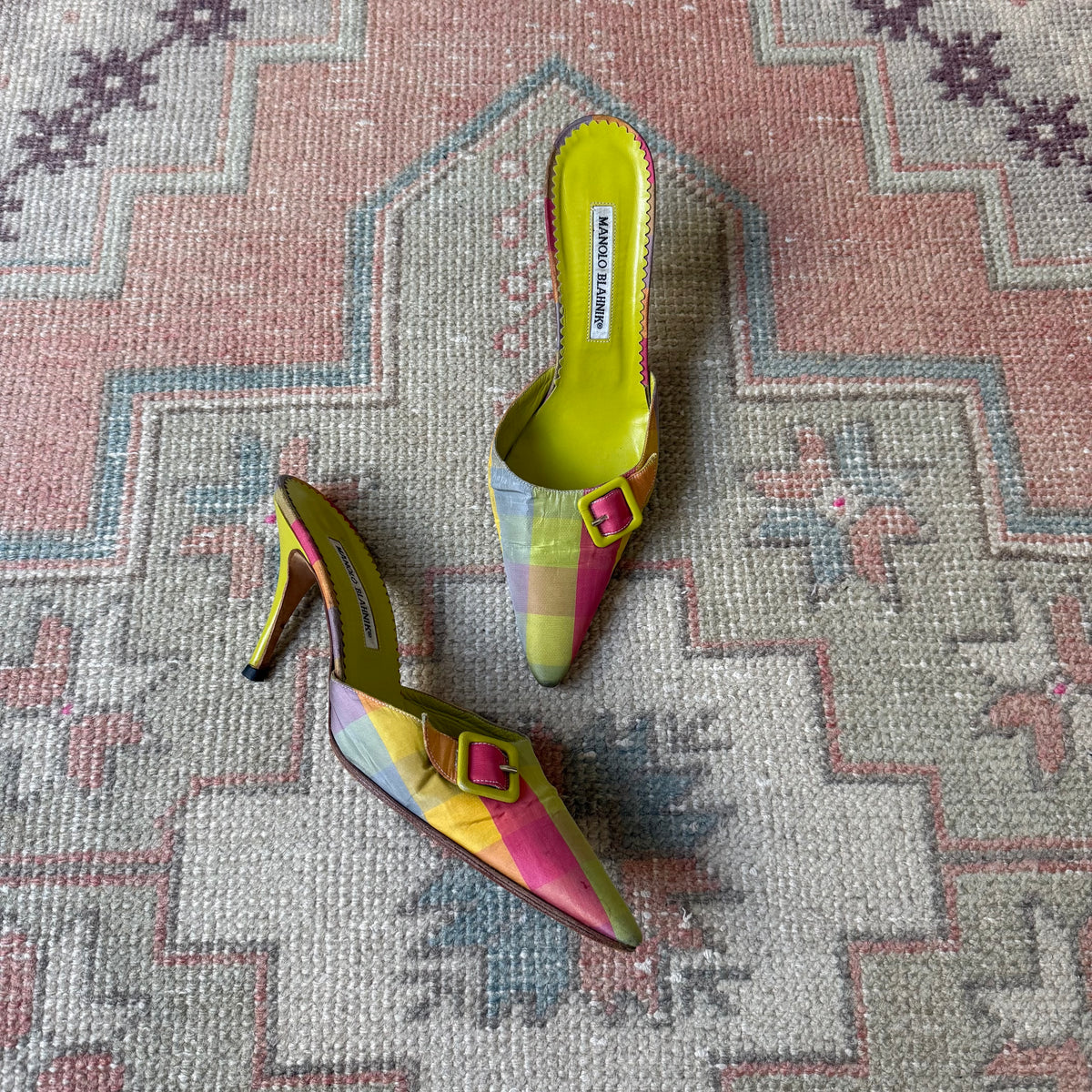 S/S2000 Manolo Blahnik Tartan Green Mules - US 9-9.5