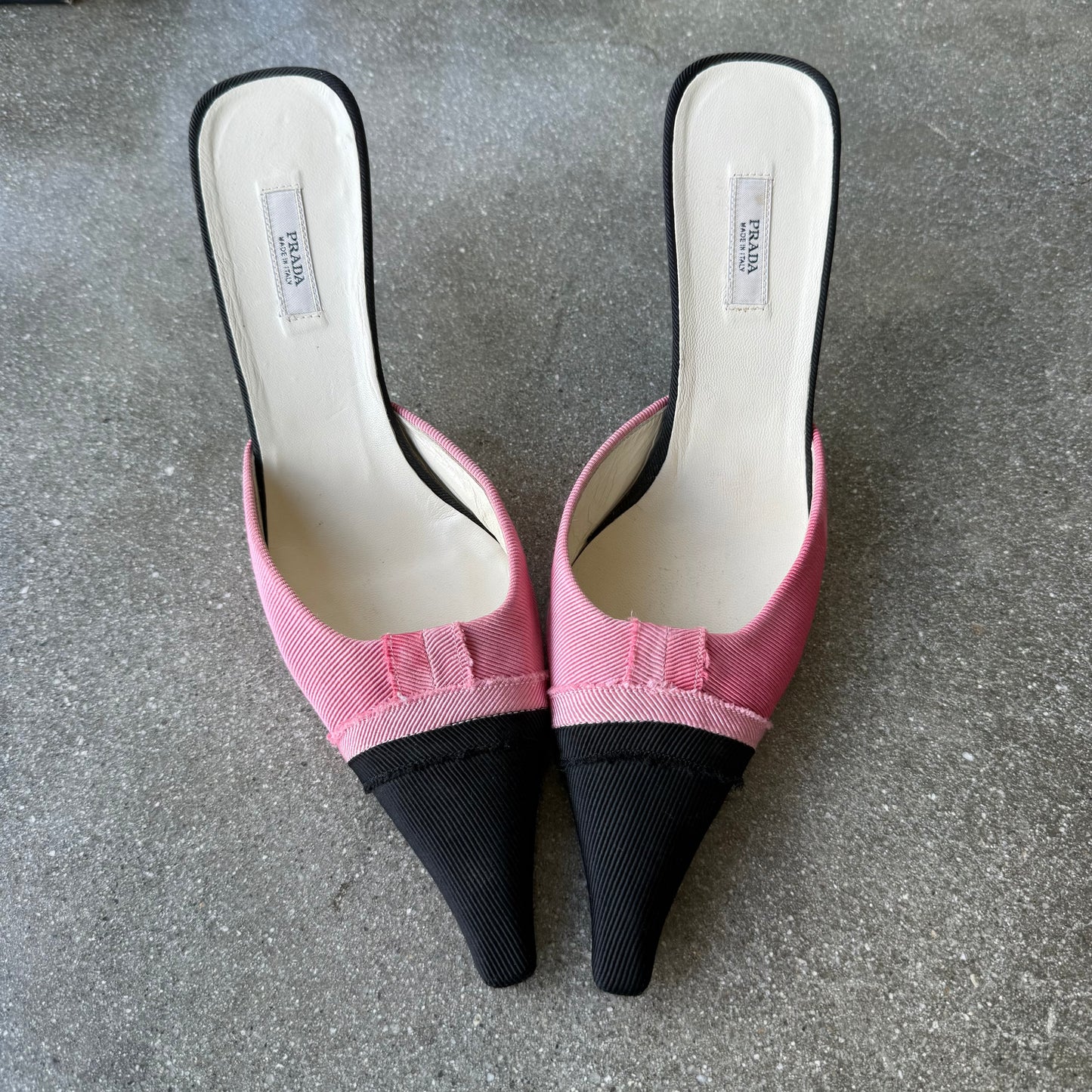 00s Prada Silk Black and White Grosgrain Mules - US 7