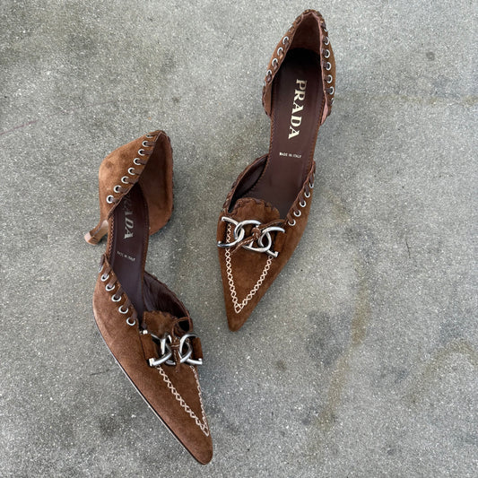 SS02 Prada Tobacco Suede Whipstitch Heels - US 10.5-11