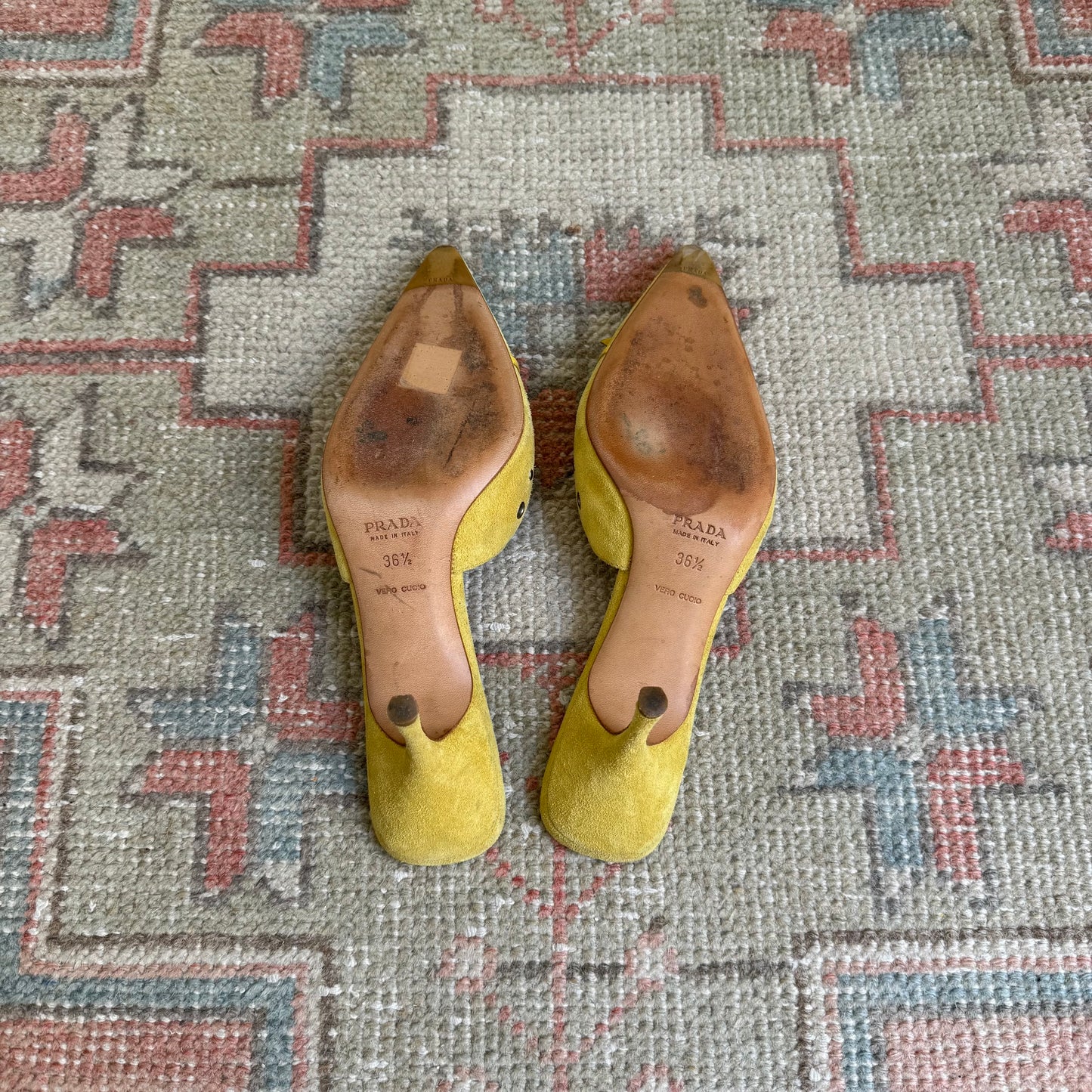 S/S2002 Prada Yellow Suede Grommet Mules - US 6.5