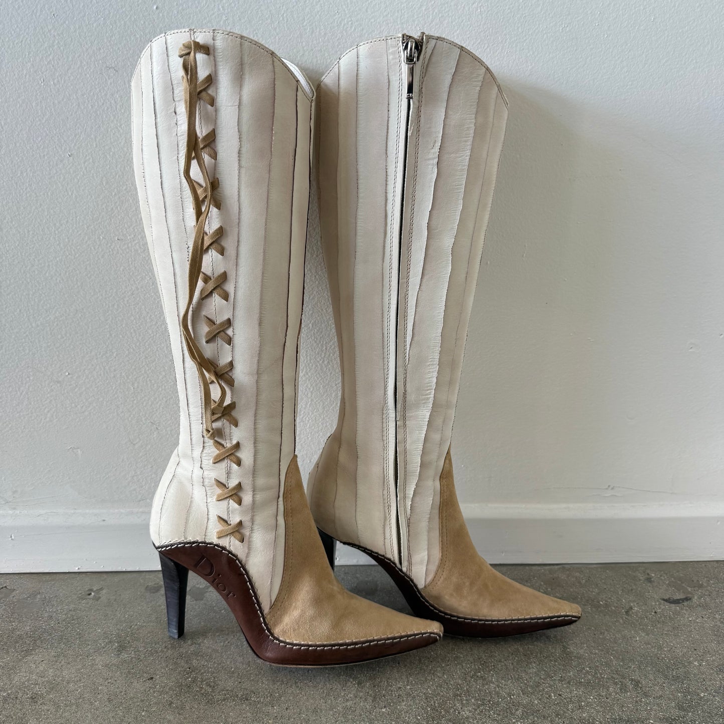FW01 Galliano Dior Patchwork Leather + Suede Western Boots - US 6