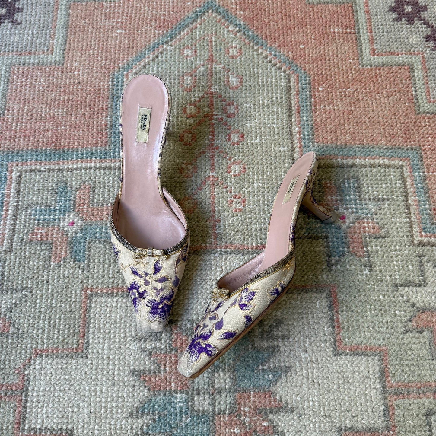 00s Prada Purple and Champagne Jacquard Lizard Mules - US 7.5