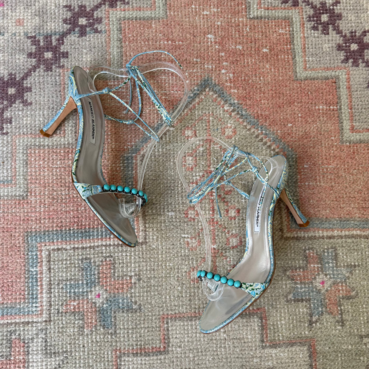 Y2K Manolo Blahnik Turquoise Paisley Sandals - US 8