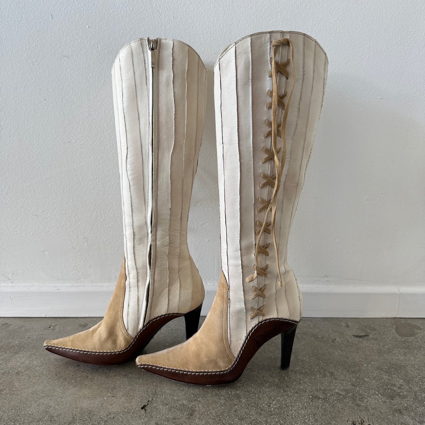 FW01 Galliano Dior Patchwork Leather + Suede Western Boots - US 6