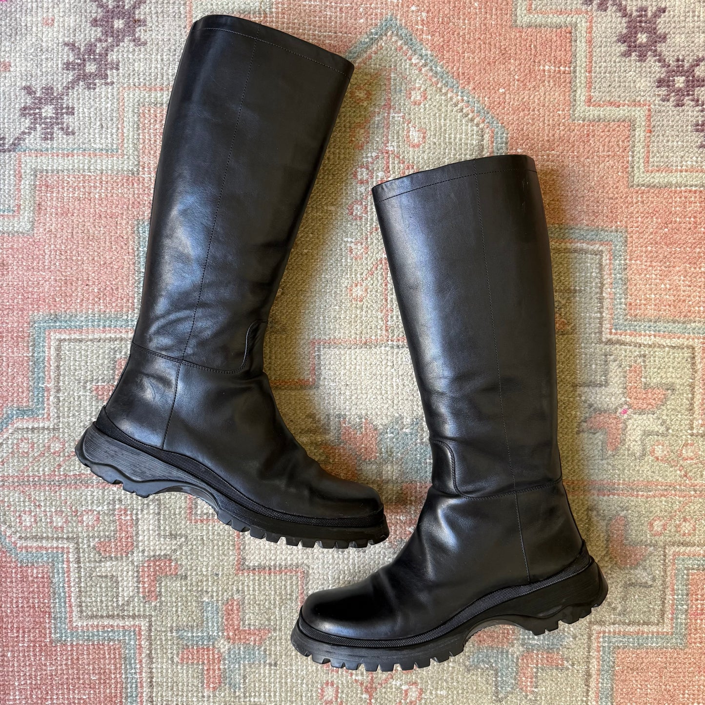 F/W2002 Prada Black Lug Sole Leather Boots - US 10.5