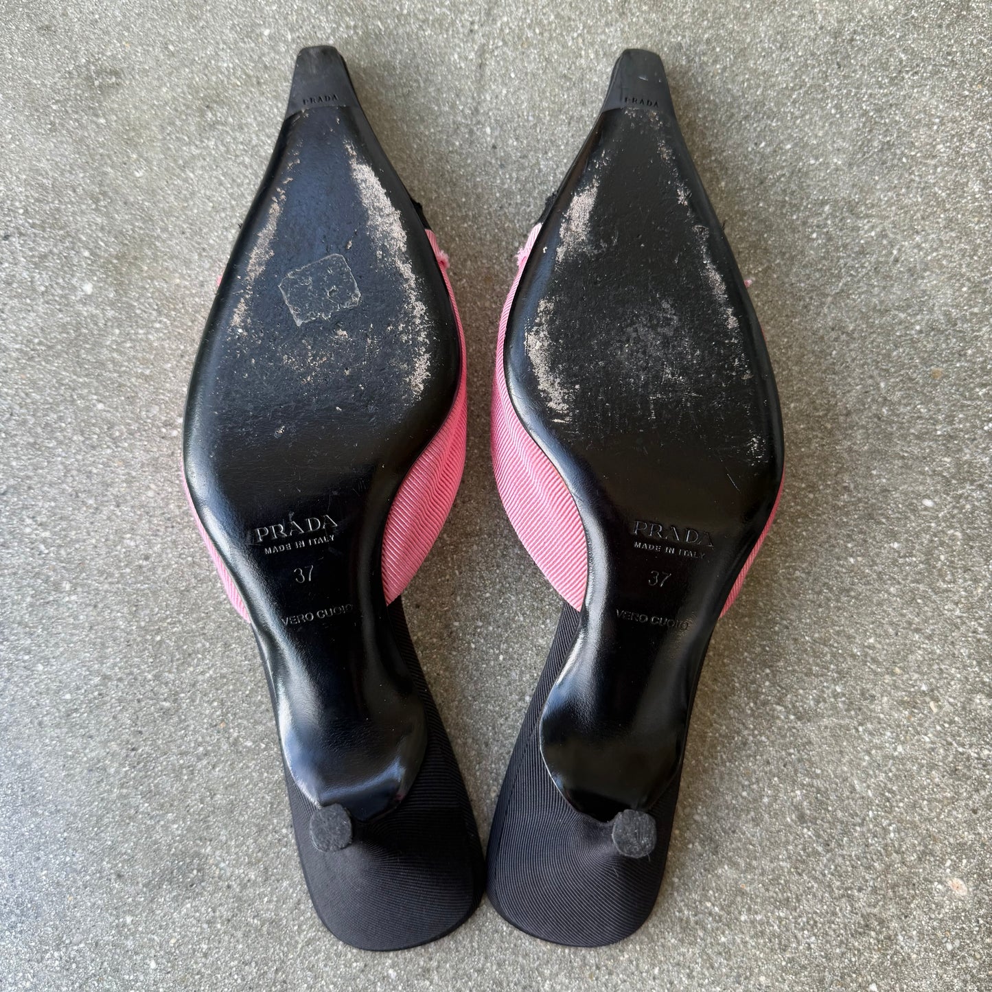 00s Prada Silk Black and White Grosgrain Mules - US 7