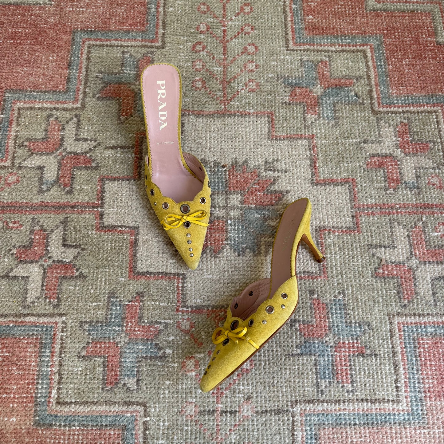 S/S2002 Prada Yellow Suede Grommet Mules - US 6.5