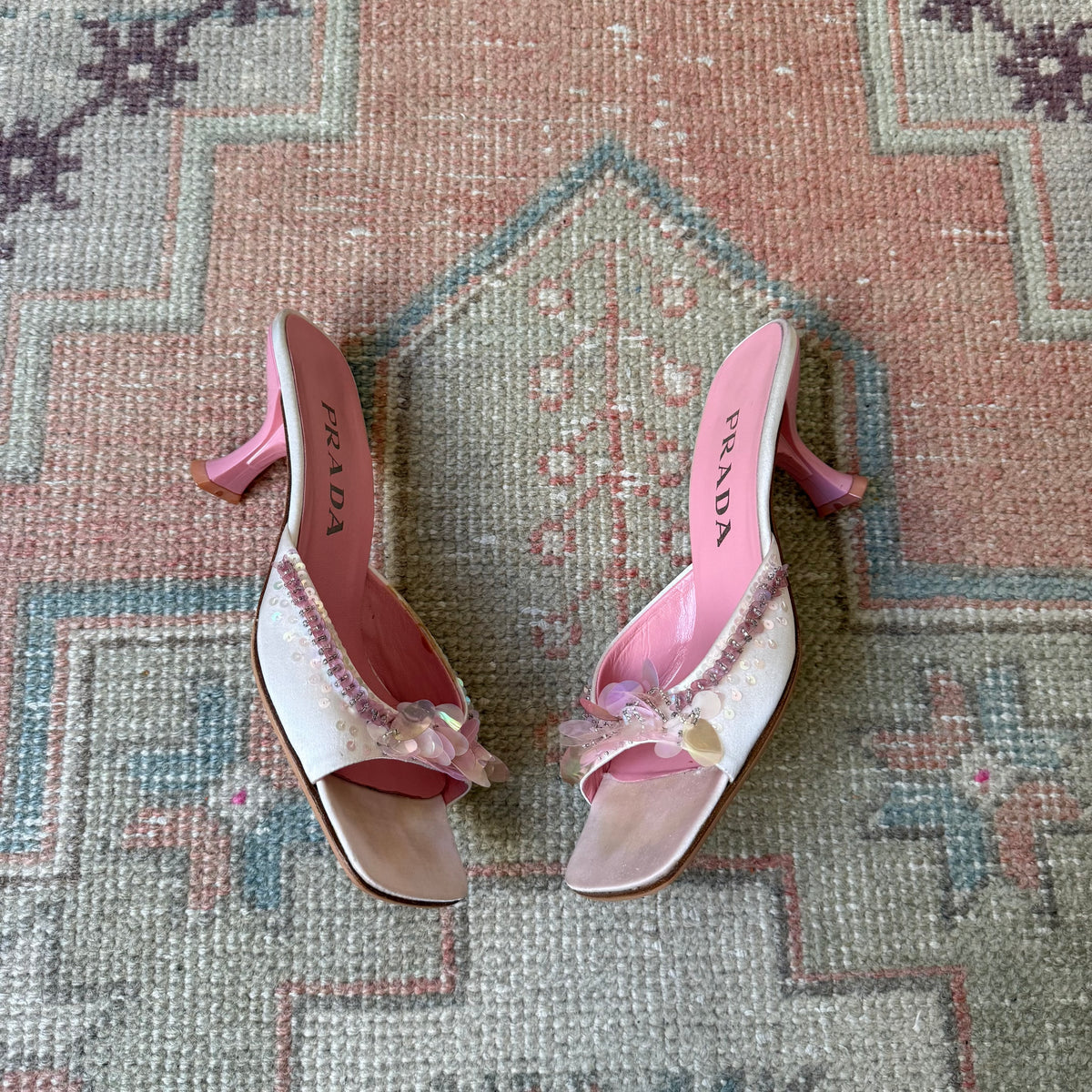 S/S1999 Prada Pink Satin Sequined Mules - US 7.5