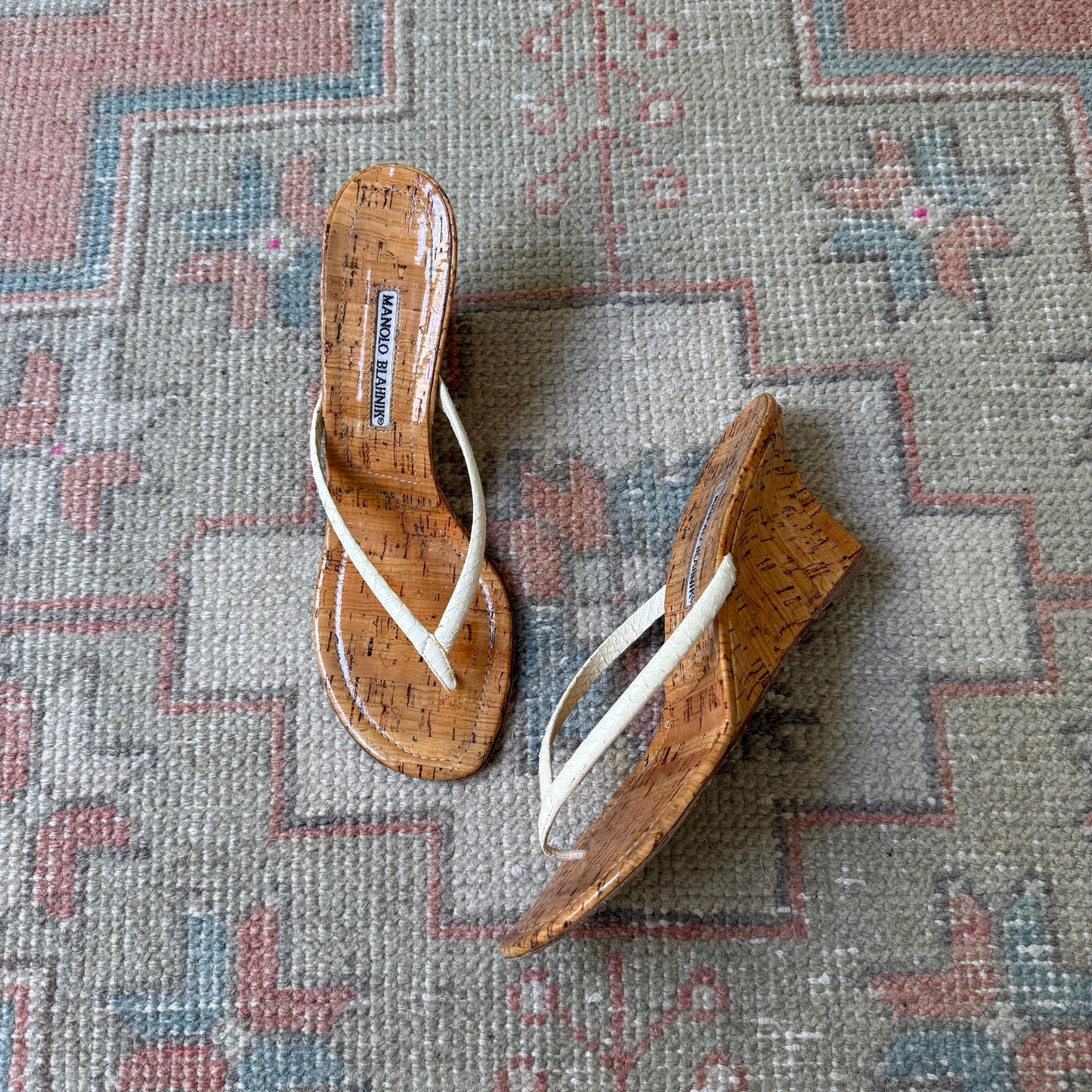 Manolo Blahnik White Watersnake Thong Wedge - US 8