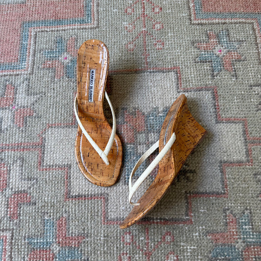 Manolo Blahnik White Watersnake Thong Wedge - US 8