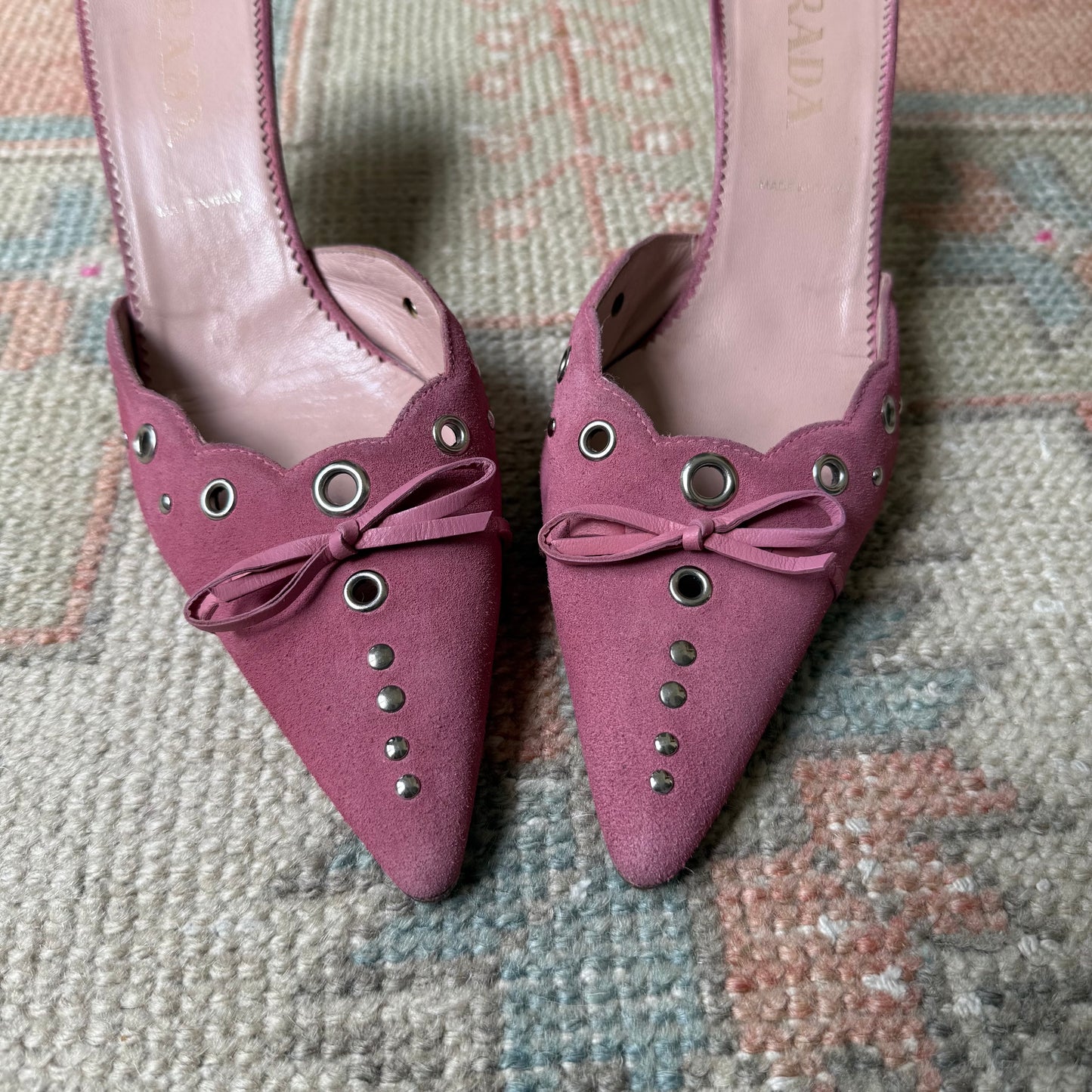 S/S2002 Prada Pink Suede Grommet Mules - US 8.5