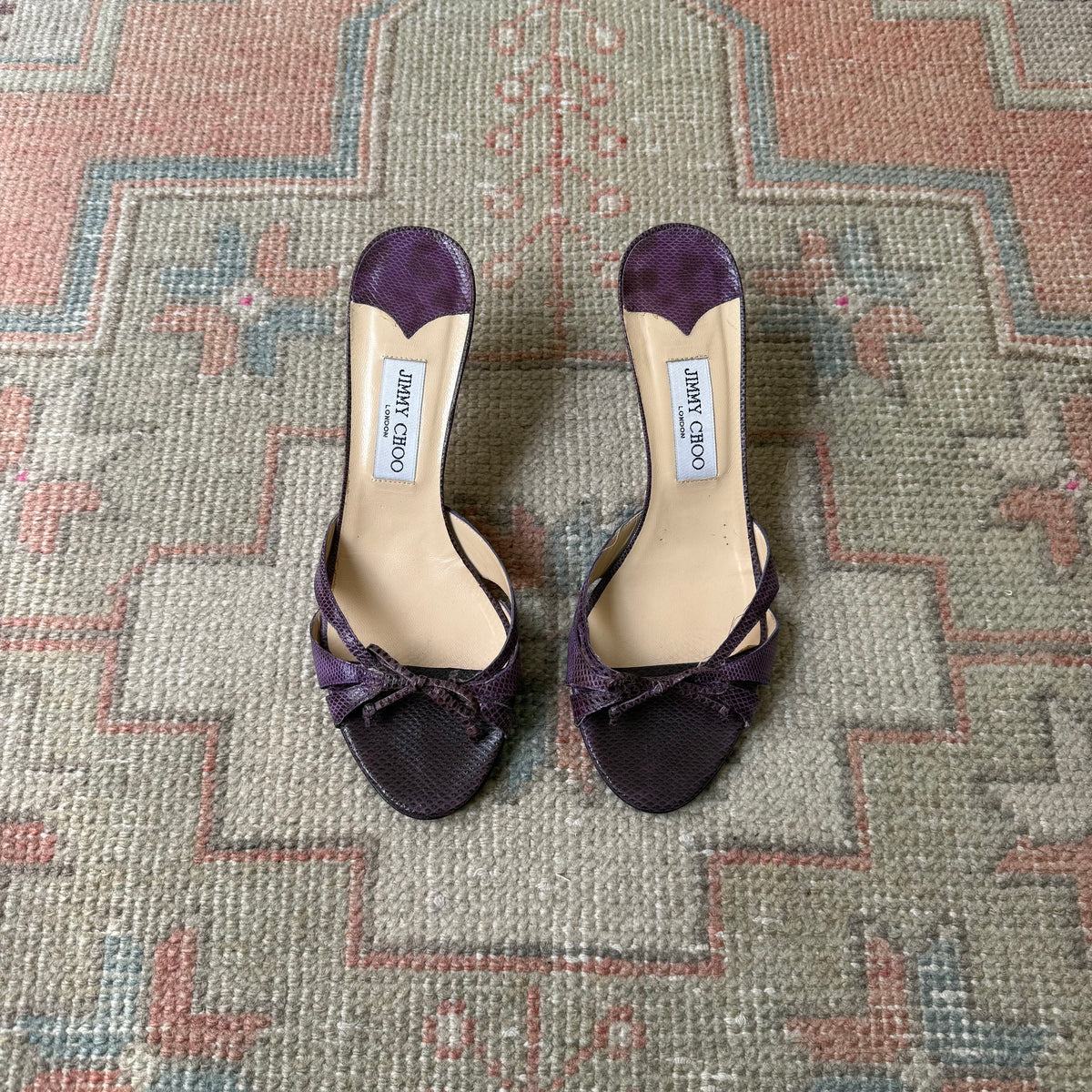 Y2K Jimmy Choo Purple Karung Bow Mules - US 9