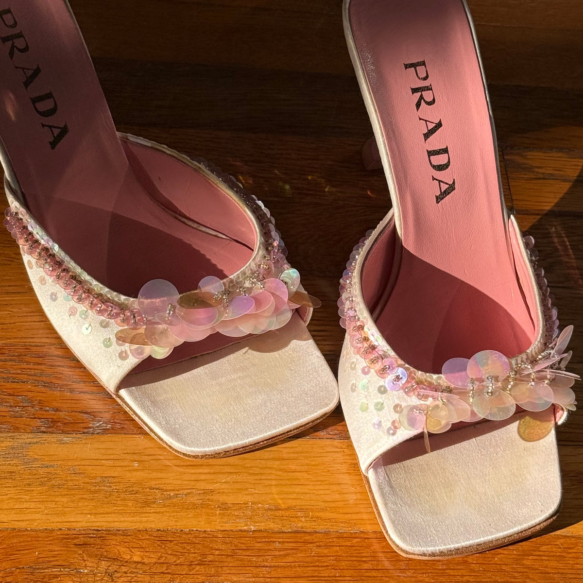 S/S1999 Prada Pink Satin Sequined Mules - US 7.5