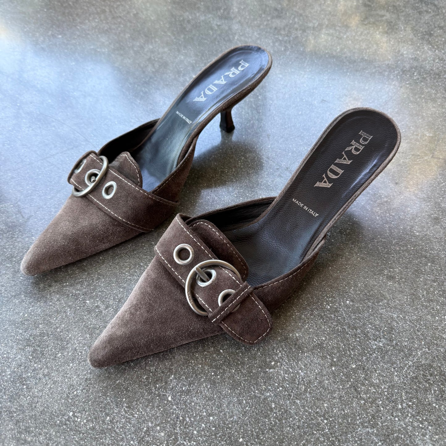 Spring 2002 Prada Taupe Suede Buckle Mules - US 8