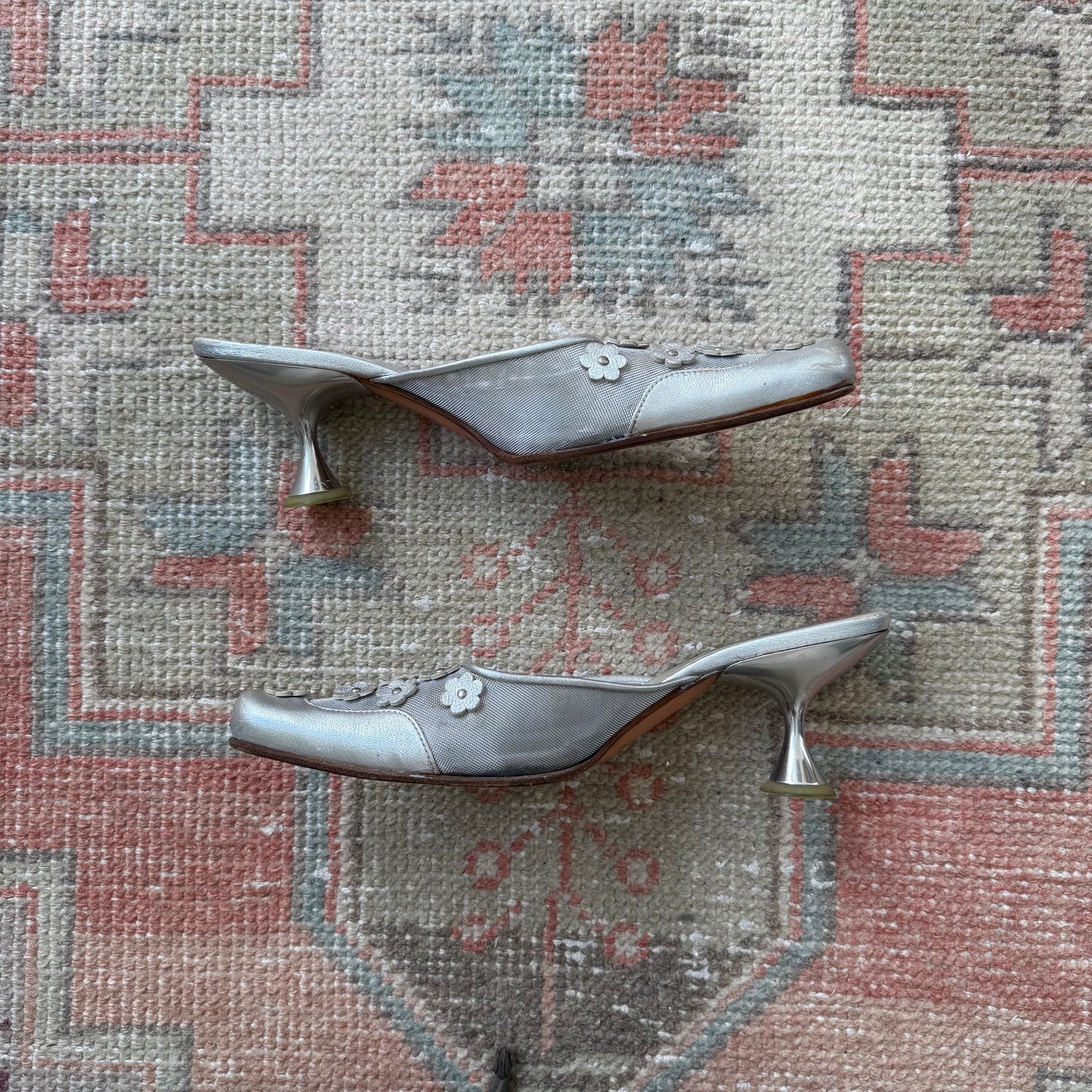 S/S1999 miu miu Silver Leather Floral Mules - US 8.5