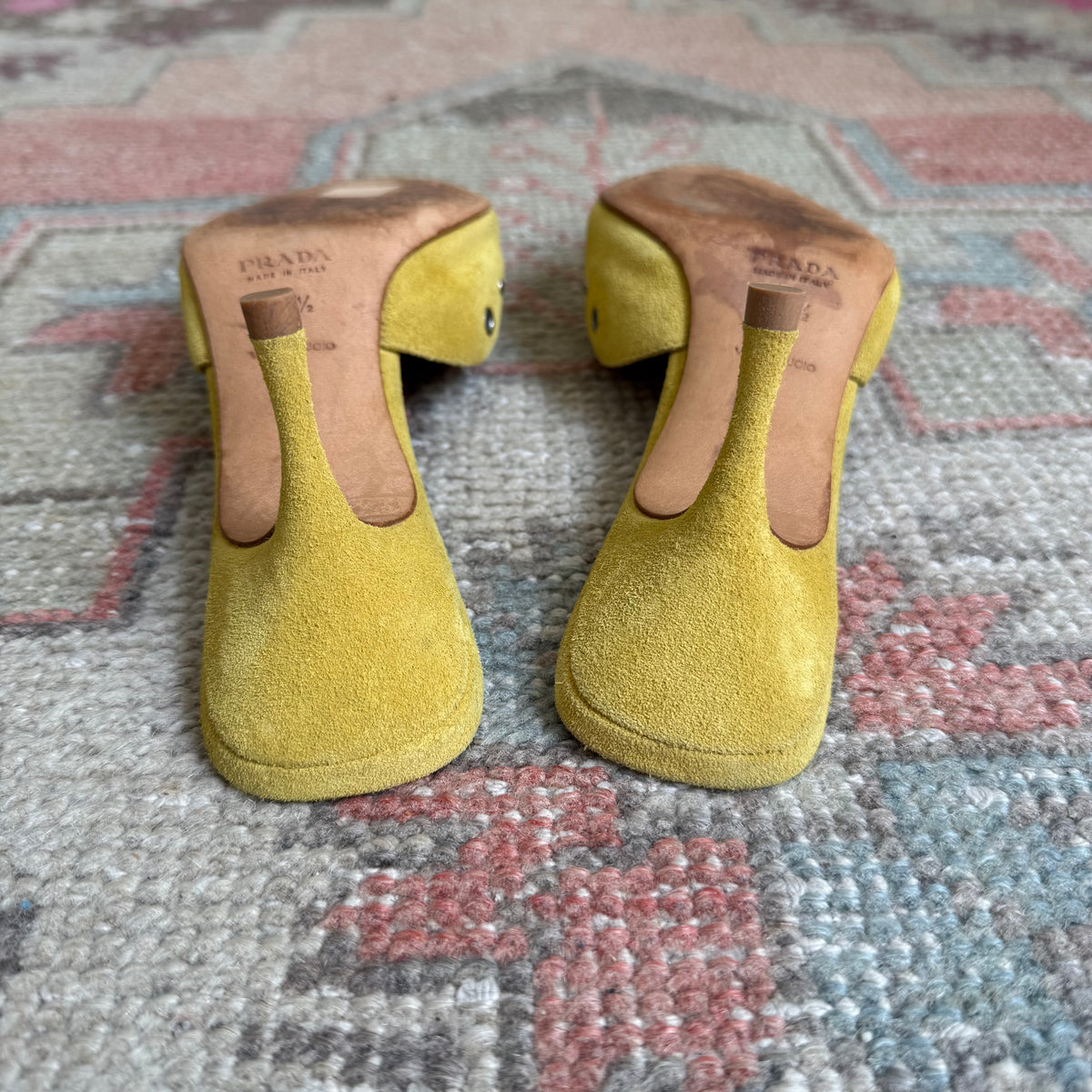 S/S2002 Prada Yellow Suede Grommet Mules - US 6.5