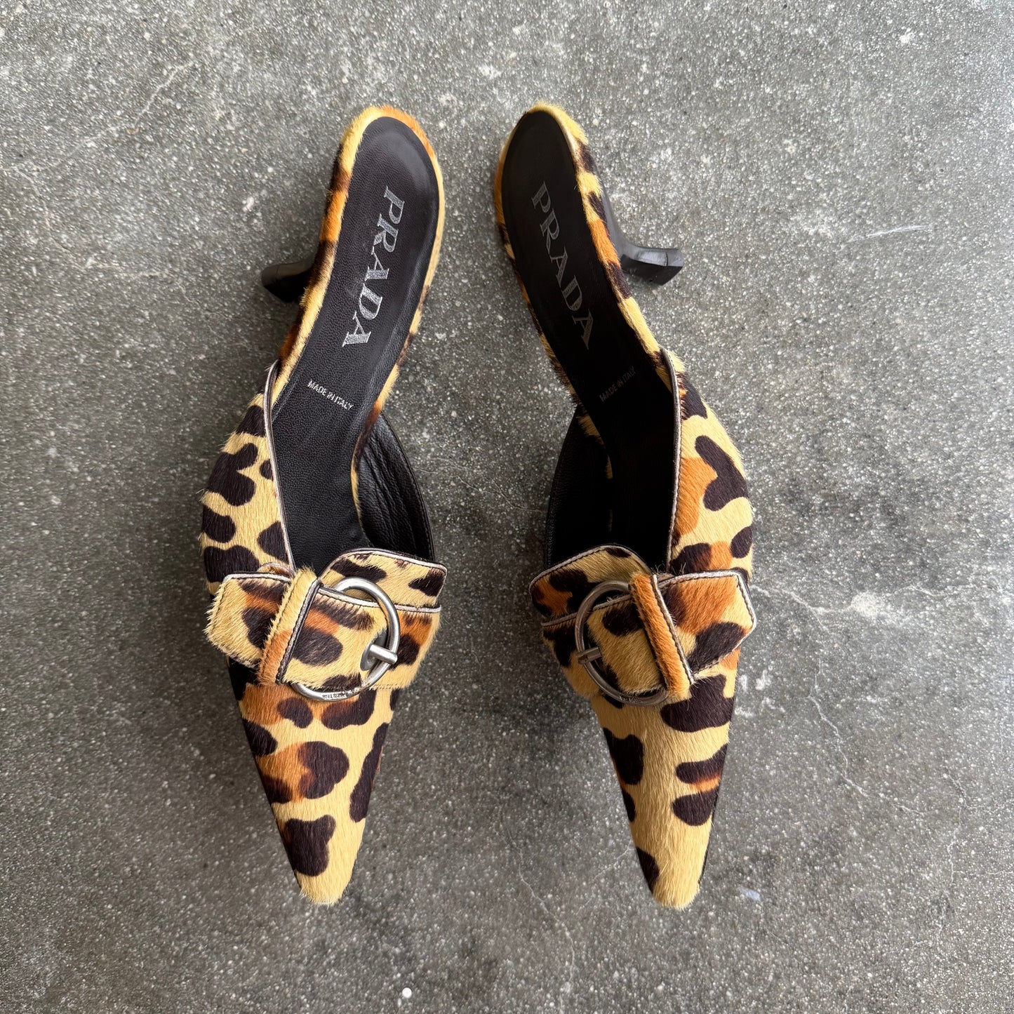 00s Prada Ponyhair Leopard Mules - US 7