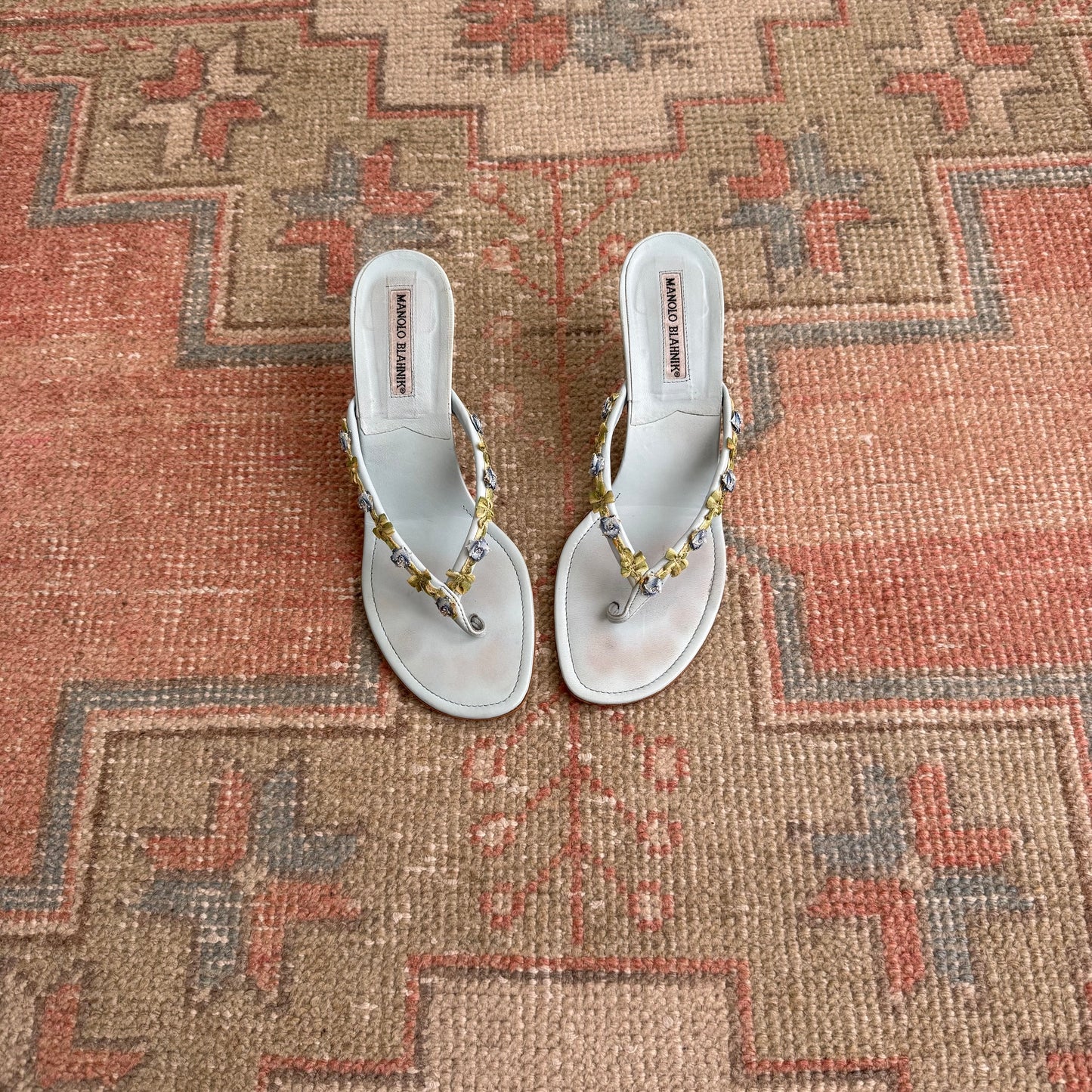 Y2K Baby Blue Manolo Blahnik Floral Thong Sandals - US 7.5