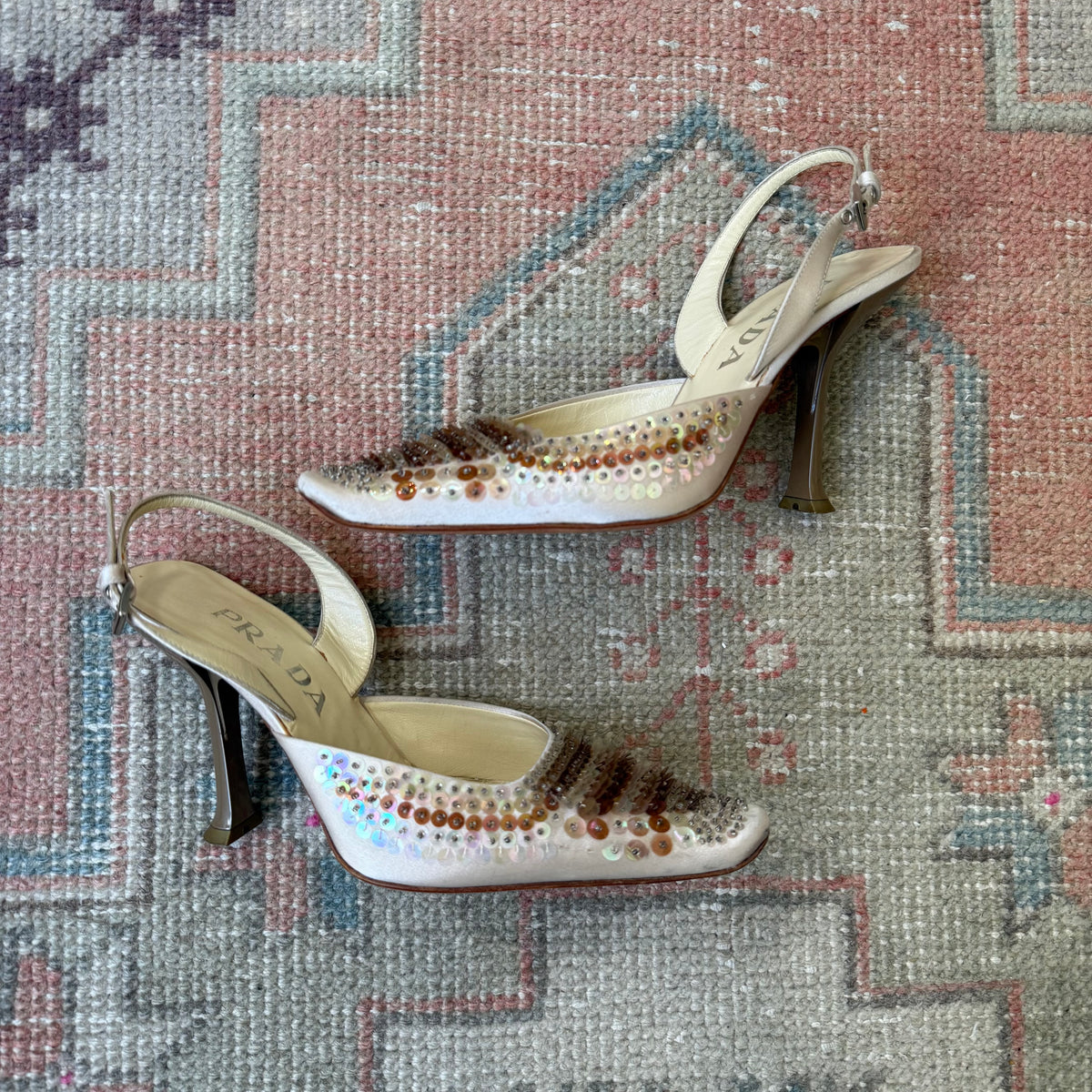 S/S1999 Prada Champagne Paillette Slingback Mules - US 7