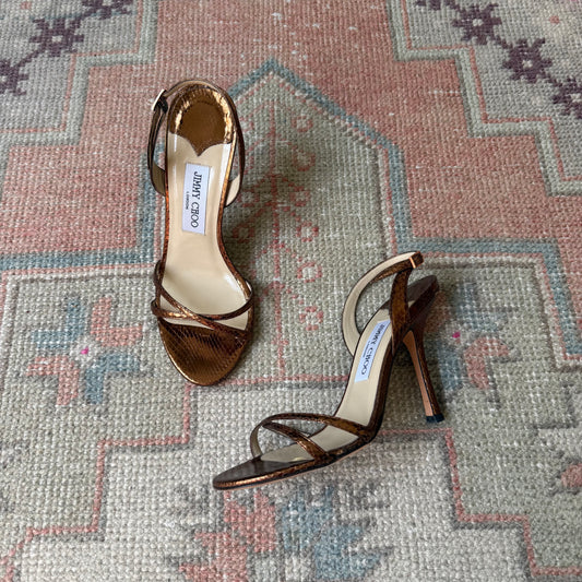 Y2K Bronze Jimmy Choo Snake-Embossed Sandals - US 7.5