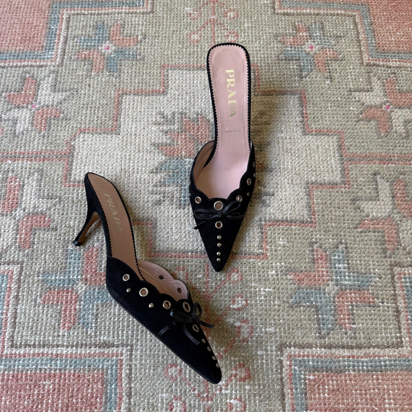 S/S2002 Prada Black Grommet Mules - US 8.5
