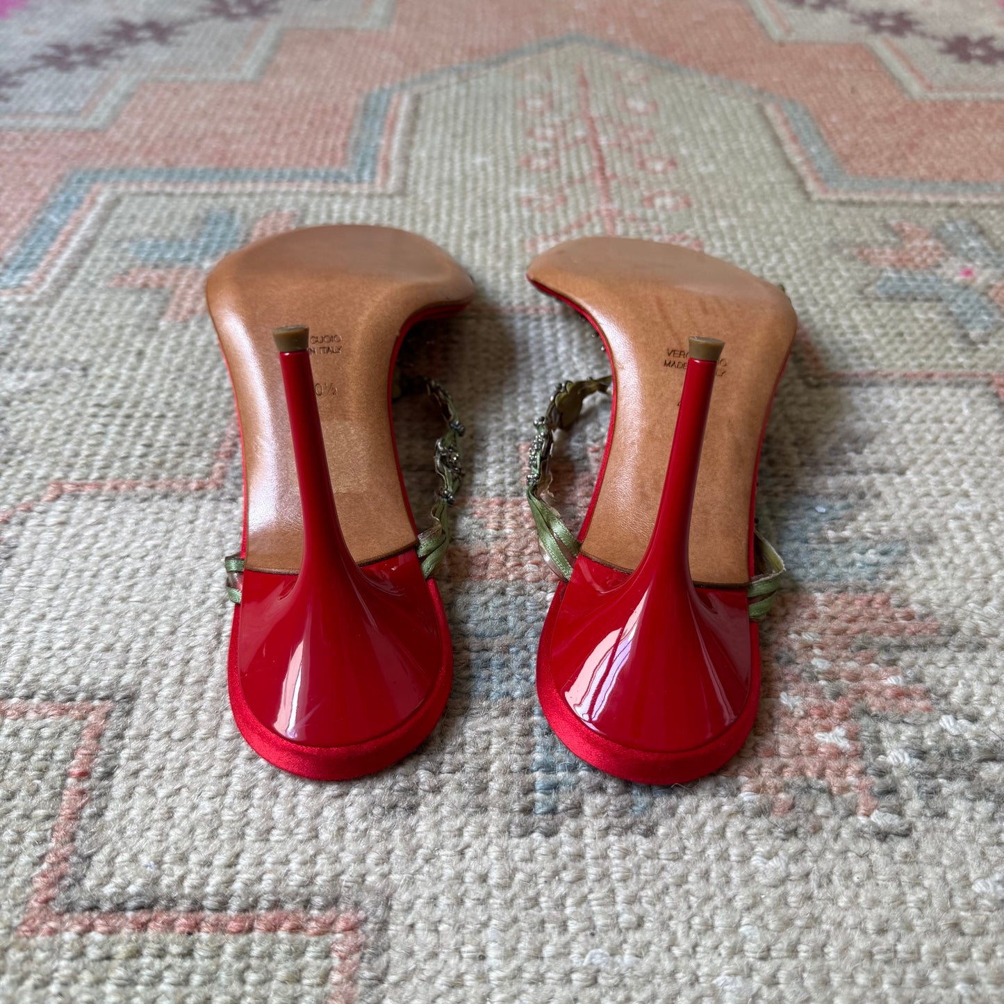Y2K Red Silk Satin Jeweled René Caovilla Sandals - US 9