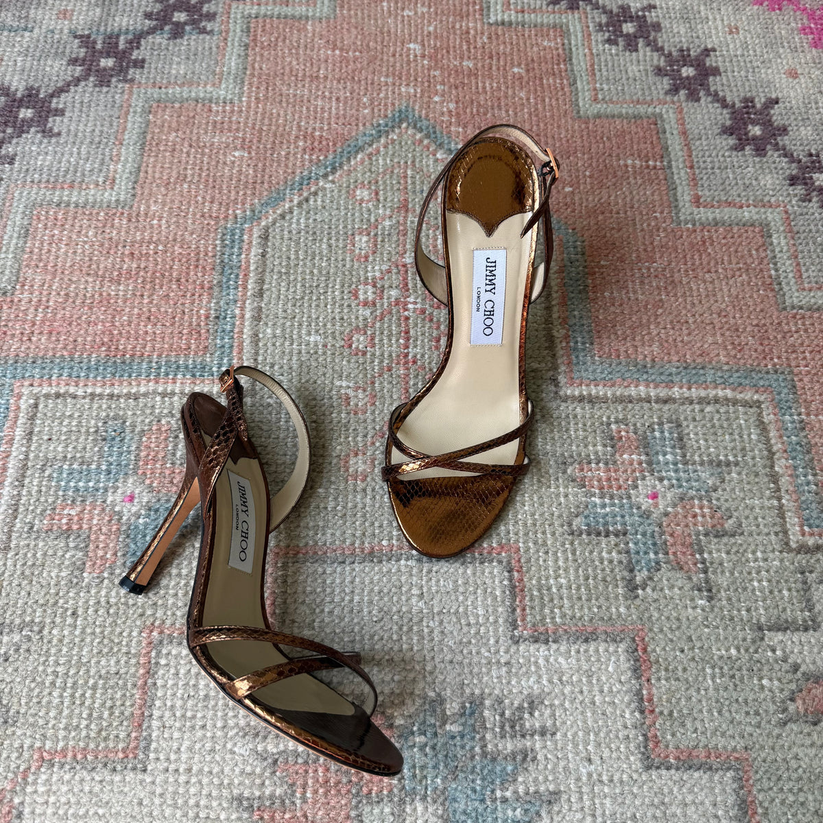 Y2K Bronze Jimmy Choo Snake-Embossed Sandals - US 7.5