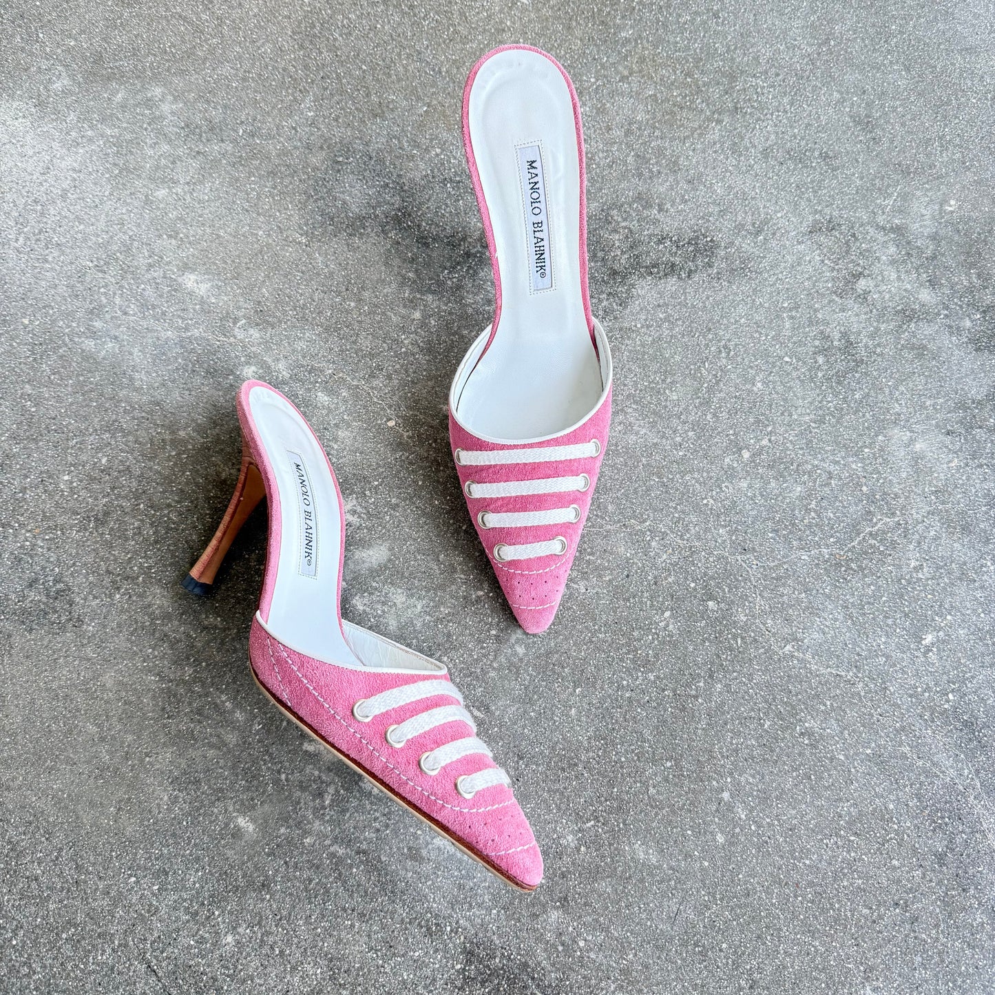S/S2003 Pink Suede Manolo Blahnik Lace Up Mules - US 7.5