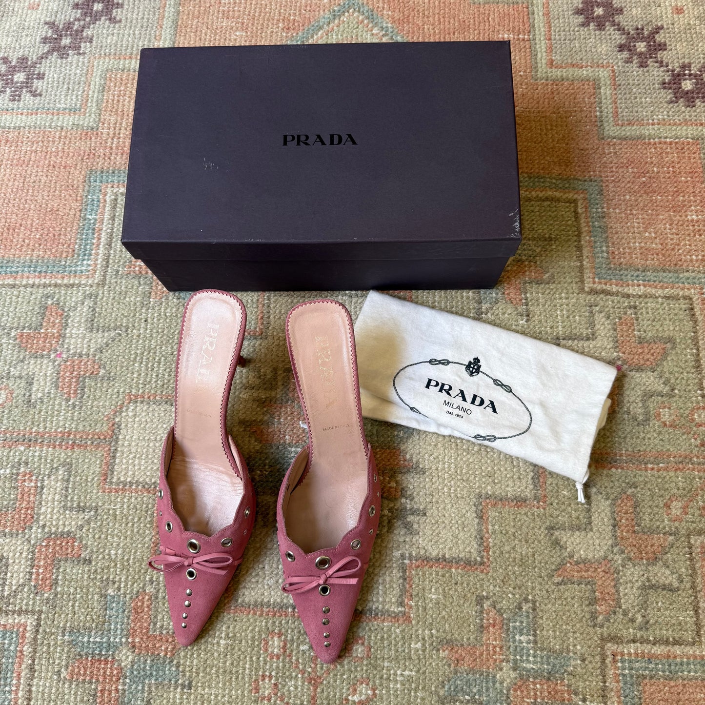 S/S2002 Prada Pink Suede Grommet Mules - US 8.5