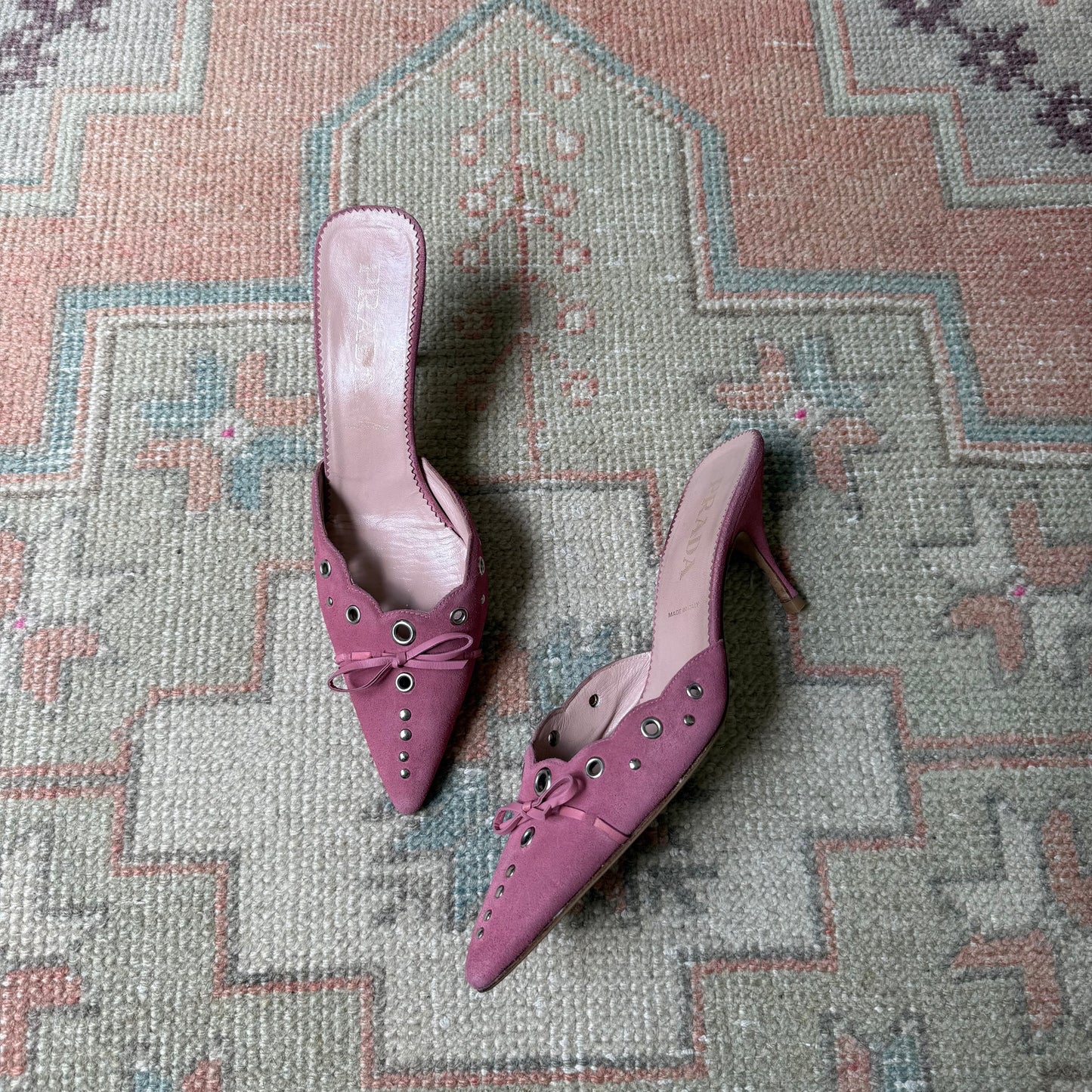 S/S2002 Prada Pink Suede Grommet Mules - US 8.5