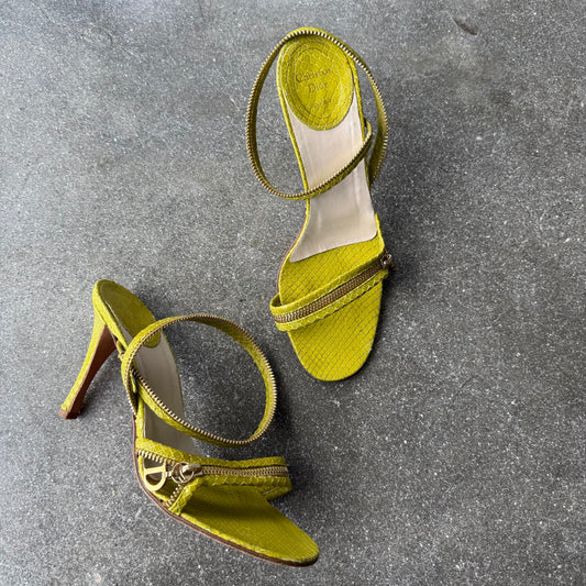 S/S2001 Galliano Dior Python Green Zipper Sandals - US 7